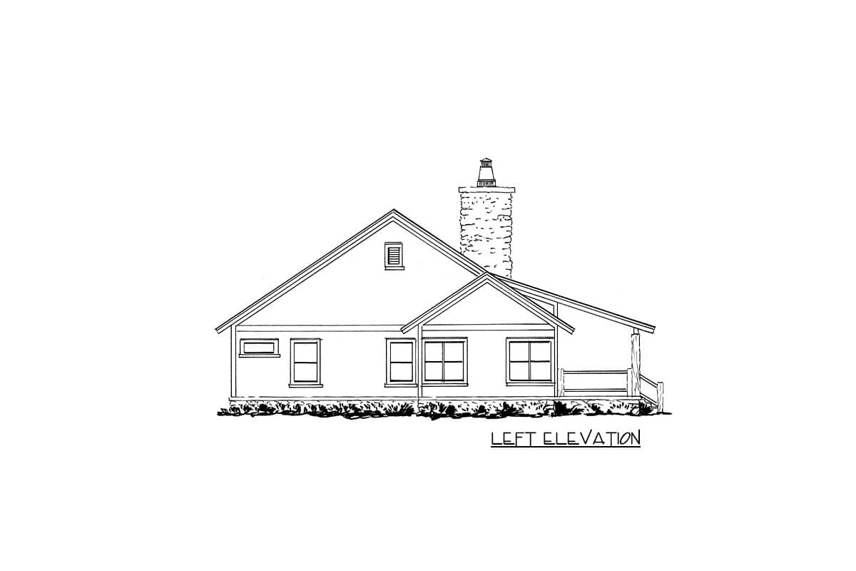 Left elevation drawing of a one-story house with a gabled roof, prominent chimney, dormer, and covered porch.