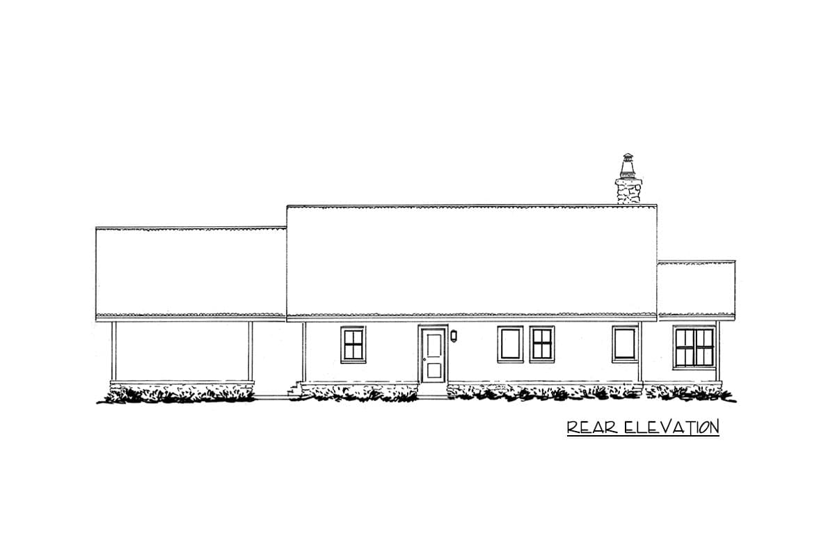 Rear elevation drawing of a one-story house with a covered porch, multiple windows, a door, and a chimney.