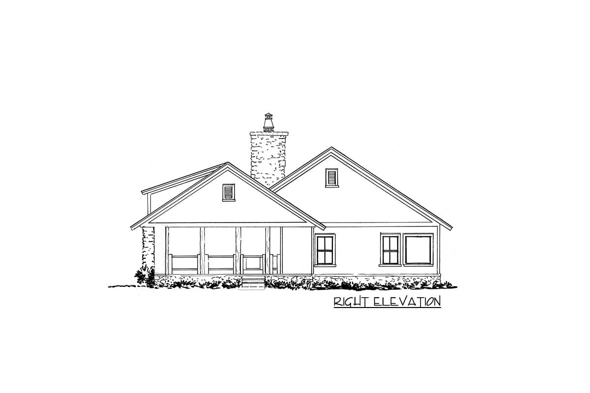 Right elevation house plan featuring a covered porch, gabled roof, dormer windows, and stone chimney.