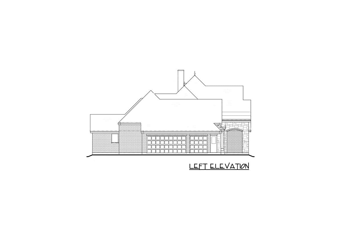 House plan left elevation showing a brick exterior with a multi-section garage door and stone accents.