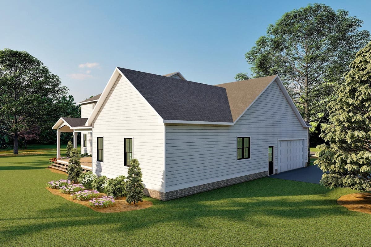 House plan exterior: two-story Modern Farmhouse with a covered front porch, gables, and attached side-entry garage.
