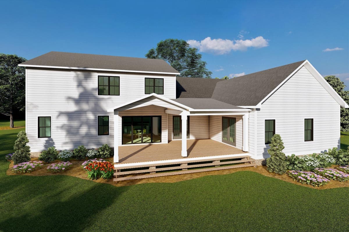 House plan exterior, two stories, white siding, gable roof, covered deck with sliding glass doors, and multiple windows.