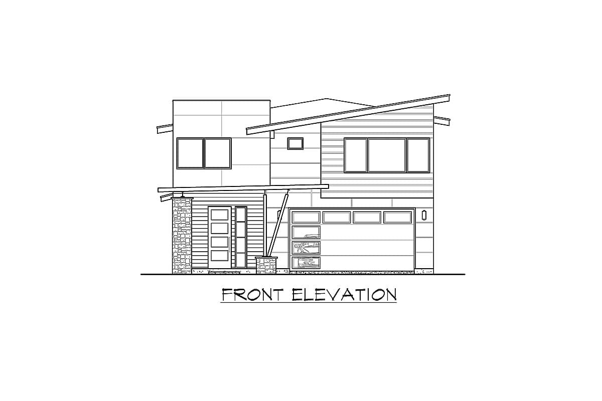 Front elevation drawing of a two-story modern house with a flat roof, stone accents, and a two-car garage.