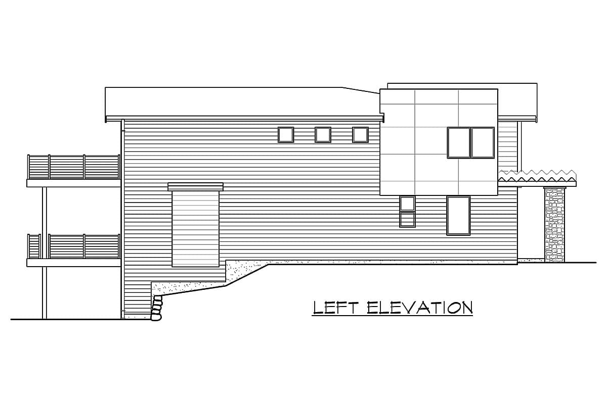 Left elevation drawing of a house plan with horizontal siding, two balconies, and a modern sectional element with windows.