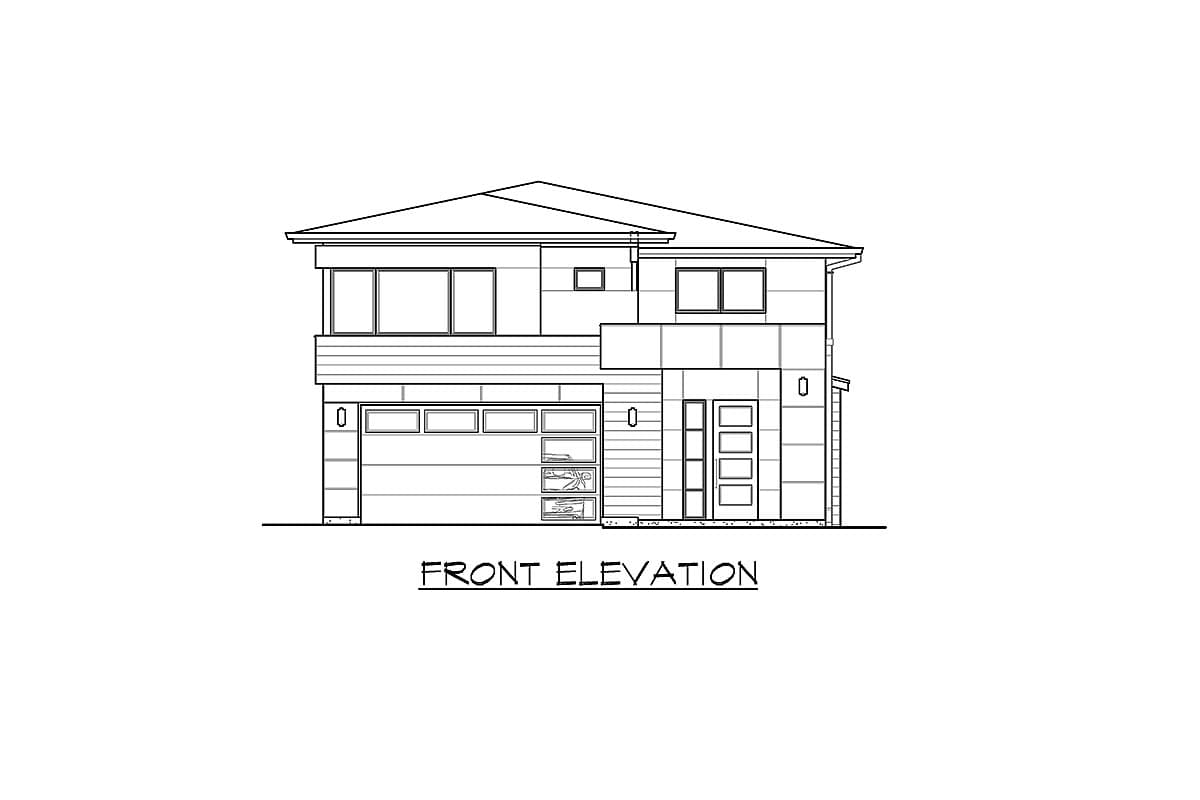 Front elevation drawing of a two-story house with a pitched roof, horizontal siding, two-car garage, and a modern front door.