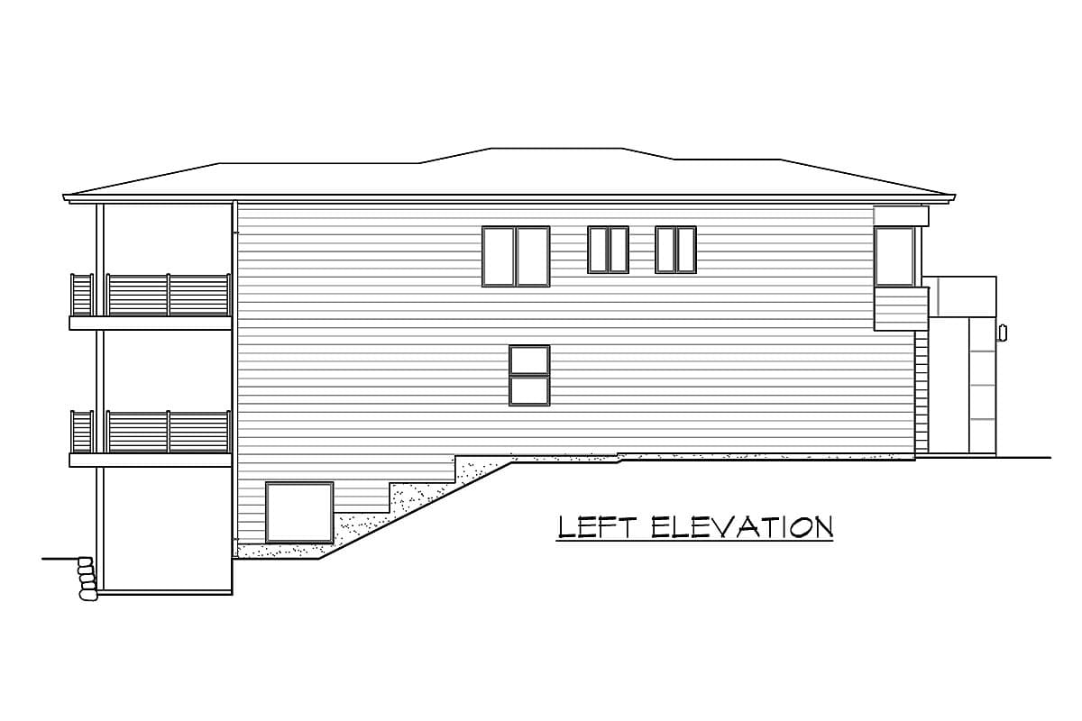 Left elevation drawing of house plan, showing siding, multiple windows, and tiered balconies.