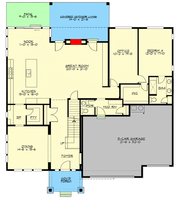 Plan 23919JD: Modern American House Plan with Home Office and Upstairs Master Suite - Floor Plan - Main Level - Contemporary, Modern, Northwest