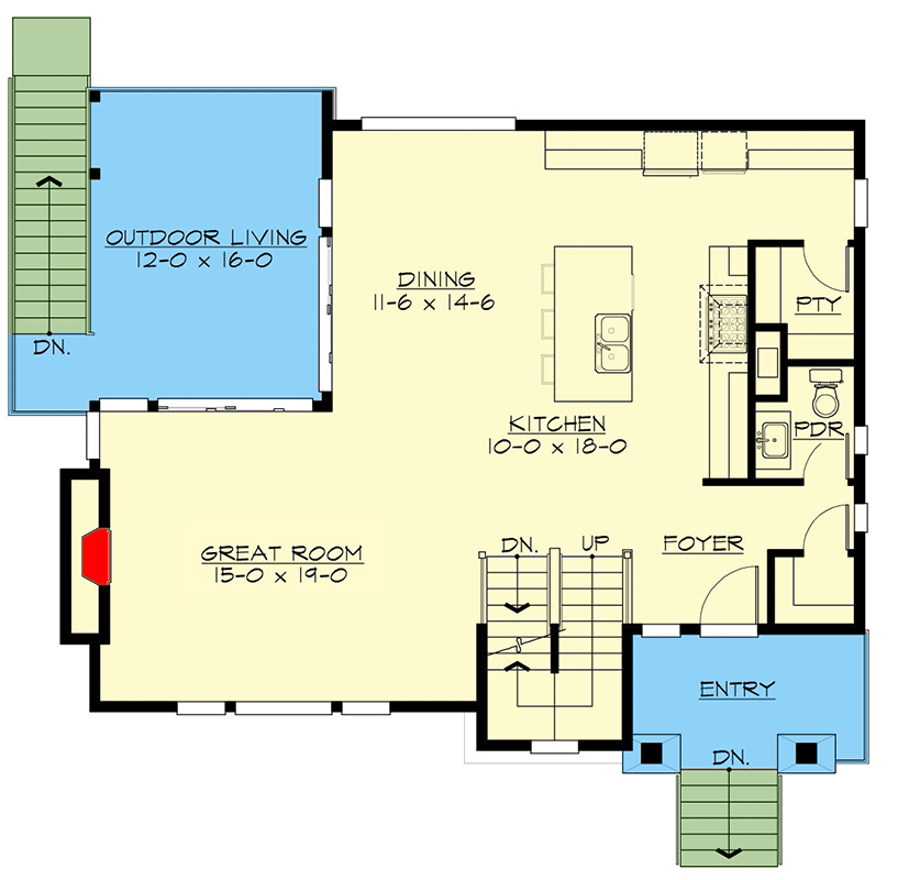 Plan 23920JD: Modern 3-Bed House Plan with Drive-under Garage and Upstairs Laundry Room - Floor Plan - Main Level - Contemporary, Modern, Northwest, Prairie