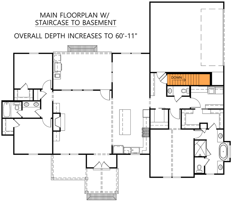 Plan 56513SM: 3-Bed New American Farmhouse with Vaulted Master Suite - Floor Plan - Main Floor - Basement Stairs - Farmhouse, New American, Ranch, Southern, Traditional