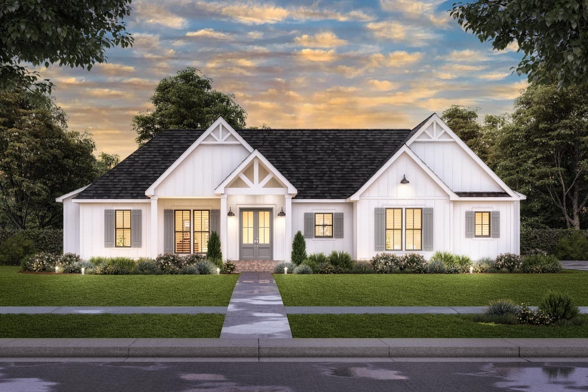 House plan exterior. Modern farmhouse style, one-story. Features include gabled roof, covered entry porch, and board-and-batten siding.
