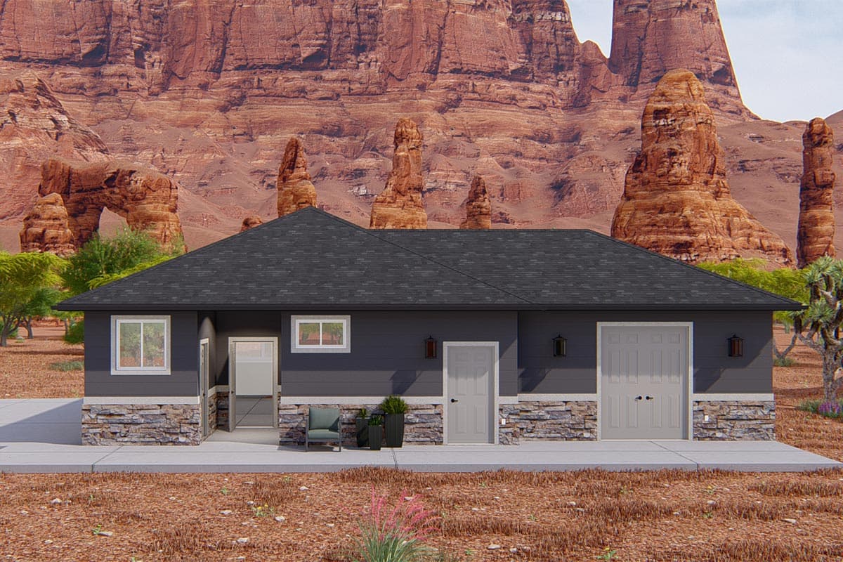 House plan exterior with dark siding, a gable roof, and stone facade accents. Features include a covered entry and attached garage.