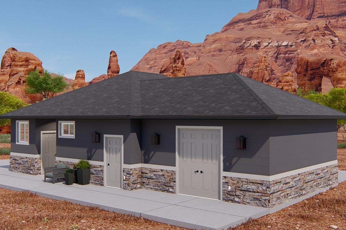 House plan exterior: single-story modern design with stone base, dark siding, and a large garage door.