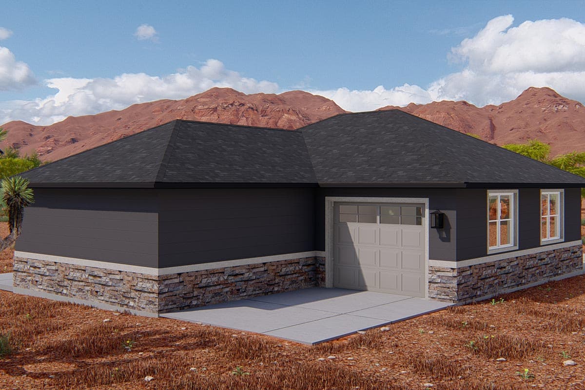House plan exterior: single-story home with a gabled roof, stone wainscoting, and a front-facing garage.