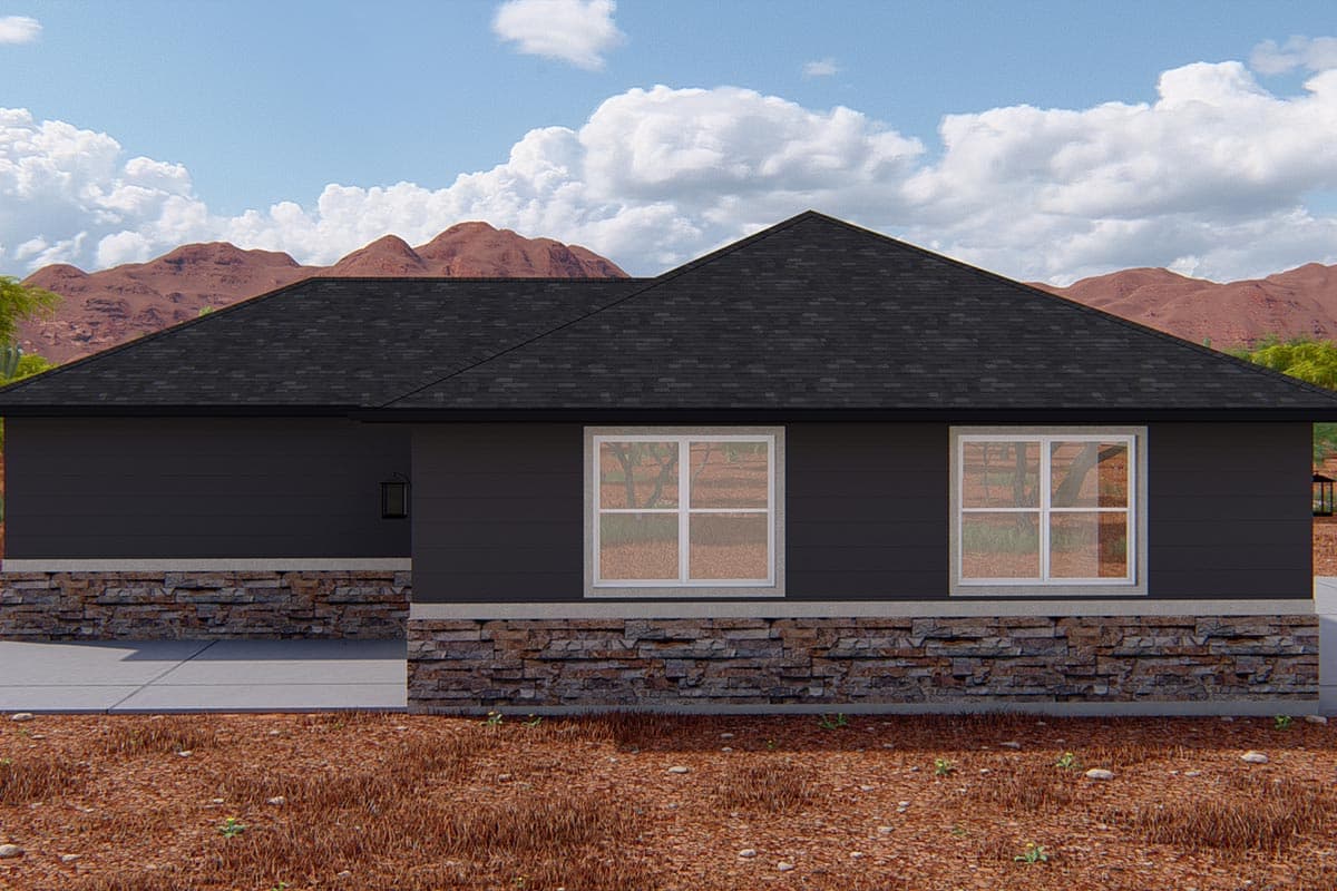 House plan exterior: One-story dwelling with dark siding, stone base, gabled roof, and two square windows.