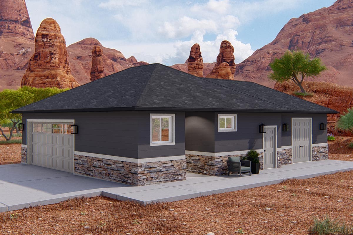 House plan exterior: Single-story home with attached garage, stone foundation, dark siding, and two front doors.
