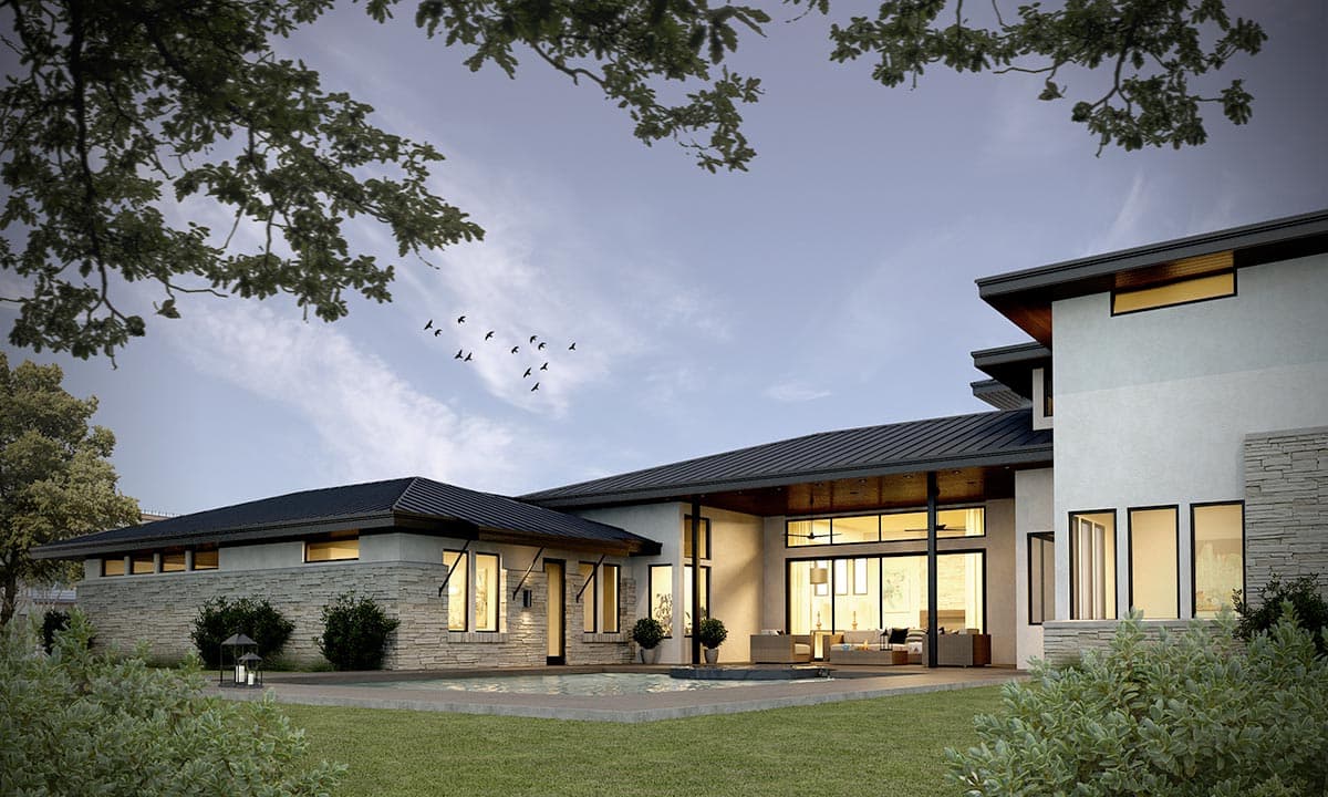 Modern house exterior rendering with flat rooflines, stone accents, large windows, and an in-ground pool.