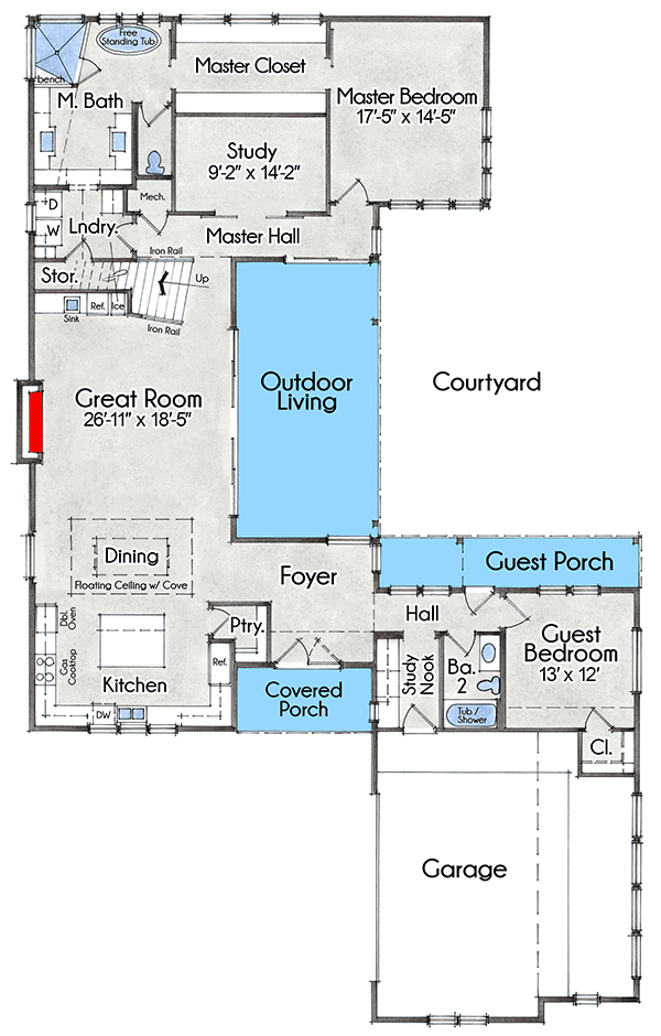 Plan 333003JHB: Courtyard Plan with Modern Farmhouse Exterior - Floor Plan - Main Level - Contemporary, Country, Farmhouse, Modern Farmhouse, New American