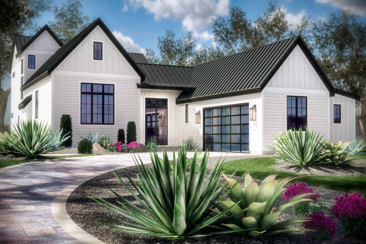 House plan exterior. Modern farmhouse style, two-story home with gables, a black metal roof, and a glass-paneled garage door.
