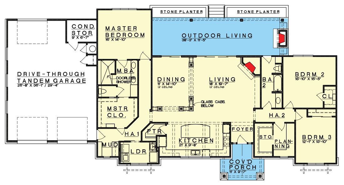 Plan 333004JHB: Hill Country Craftsman Plan with Drive-through Tandem Garage - 2497 Sq Ft - Floor Plan - Main Level - Craftsman, Hill Country, New American, Ranch