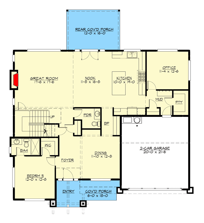 Plan 23922JD: New American Craftsman Plan with Home Office and Bonus Room - Floor Plan - Main Level - Contemporary, Country, Craftsman, New American, Northwest, Traditional