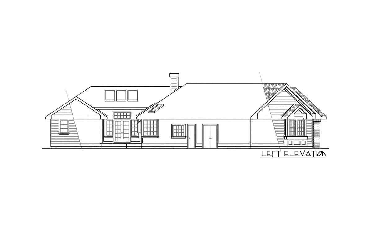 Left elevation house plan with dormers, double doors, chimney, and bay window.