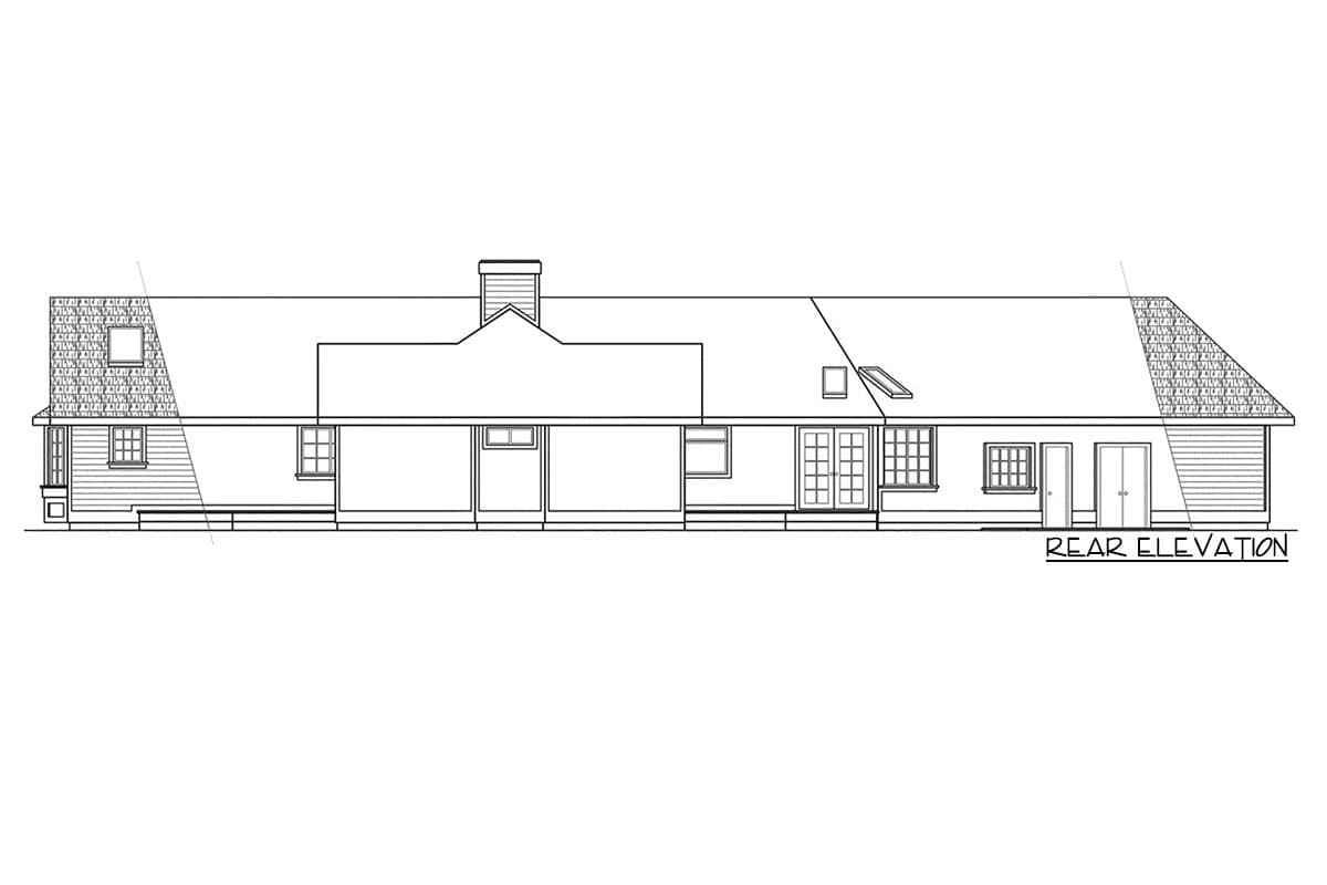 Rear elevation drawing of a house plan showing a long roofline, chimney, dormer window, French doors, and two single doors.