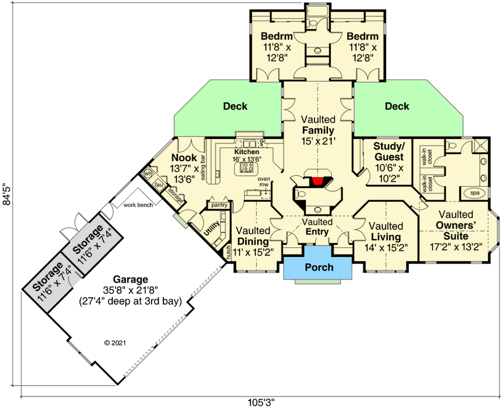Plan 72309DA: Angled Craftsman Ranch with Circular Traffic Flow - Floor Plan - Main Level - Crawl/Slab Foundation Version