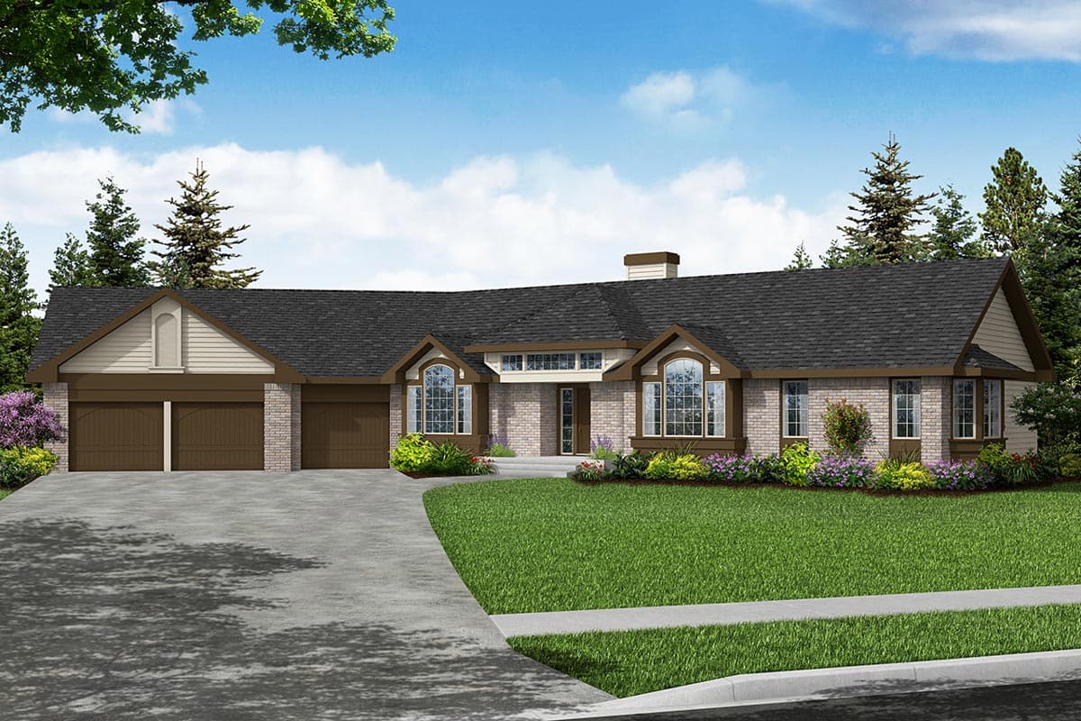 House plan exterior with two-car garage, brick facade, and multiple gables. Features arched windows and dark shingle roof.