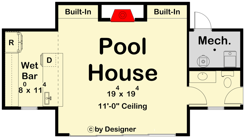 Plan 623067DJ: Poolhouse with Fireplace and Wall of Glass - Floor Plan - Main Level