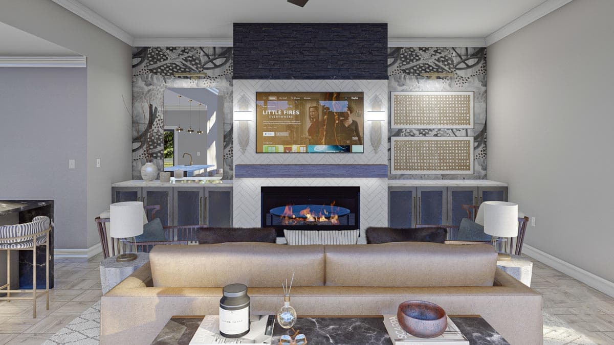 Great room with fireplace, mounted TV, and built-in cabinets. Open concept with a bar area visible in the reflection.