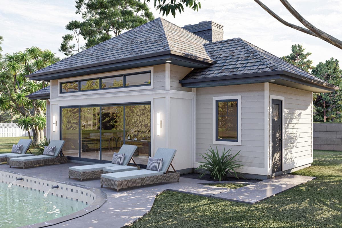 Plan 623067DJ: Poolhouse with Fireplace and Wall of Glass - Image #6
