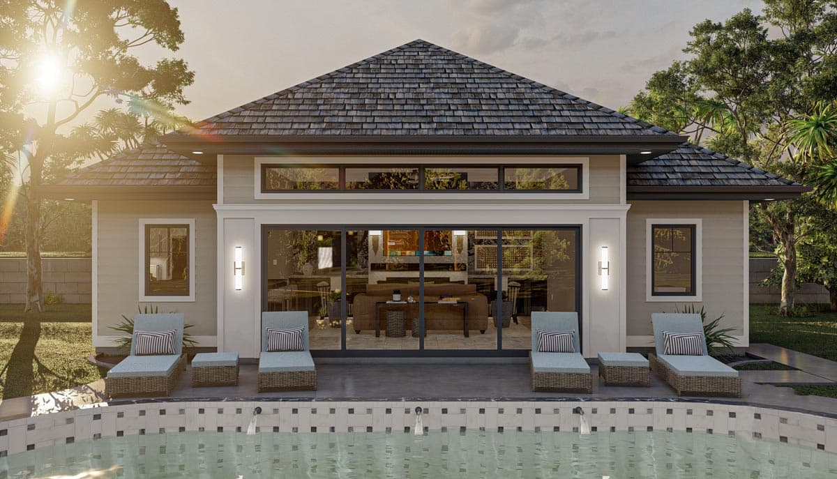 Plan 623067DJ: Poolhouse with Fireplace and Wall of Glass - Image #7