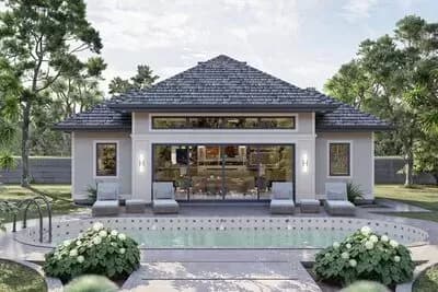 Poolhouse with Fireplace and Wall of Glass