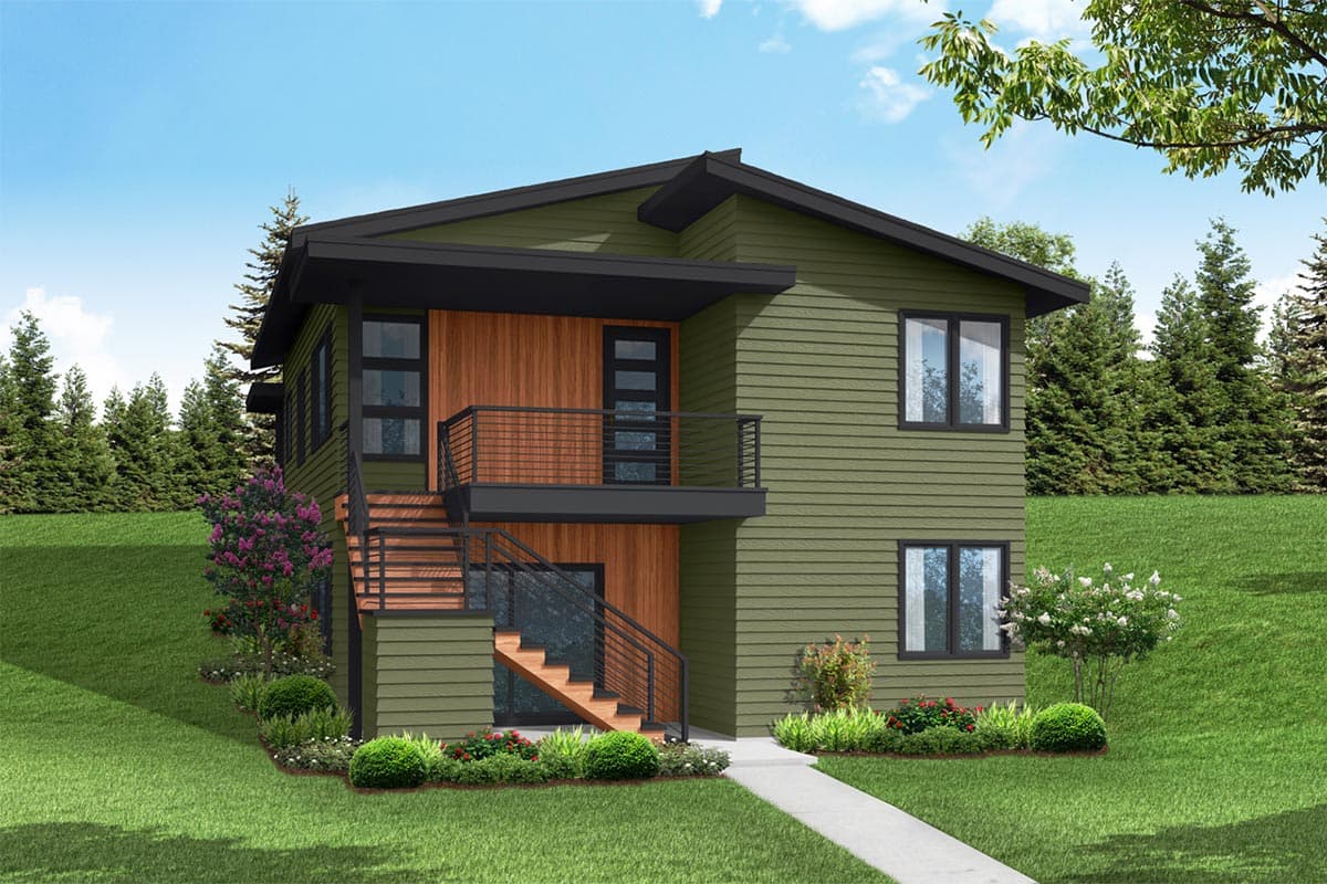 House plan exterior rendering. Two-story Modern house with shed roof, wood siding, balcony with metal railing, and exterior staircase.