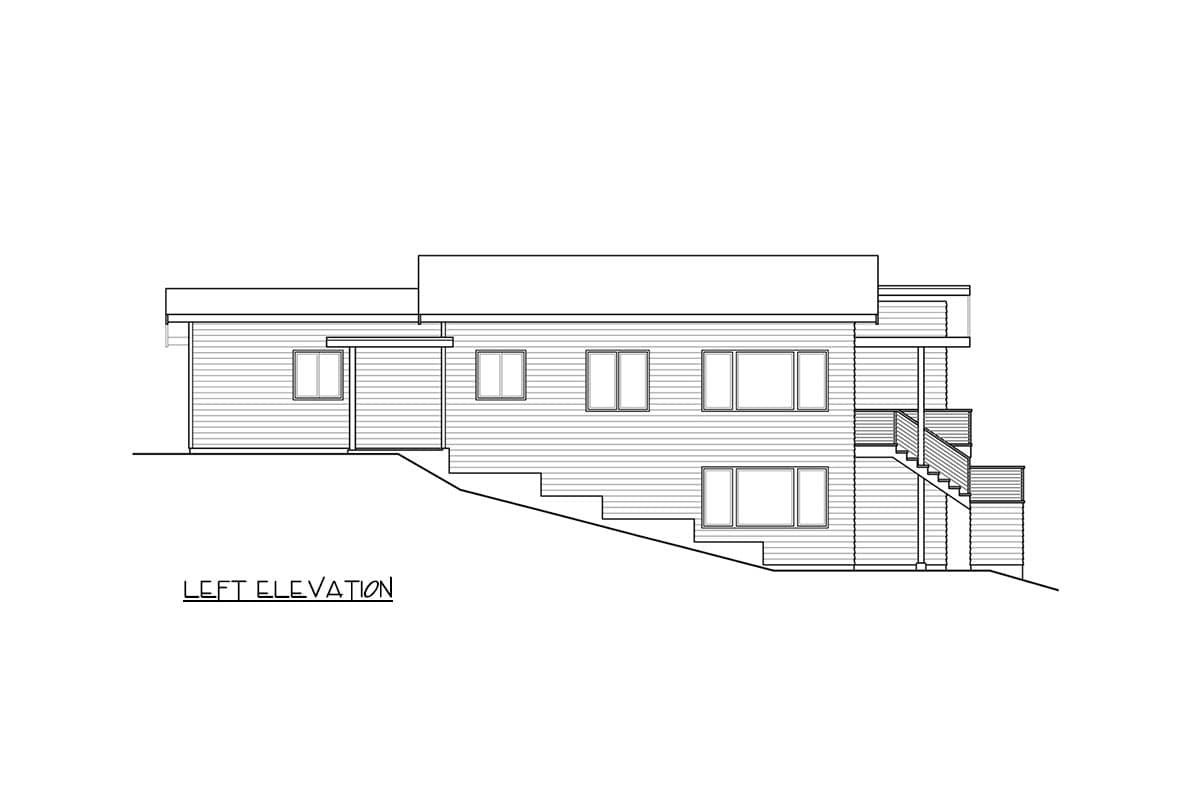 Left elevation house plan showing a multi-level residence with horizontal siding, multiple windows, and exterior stairs.