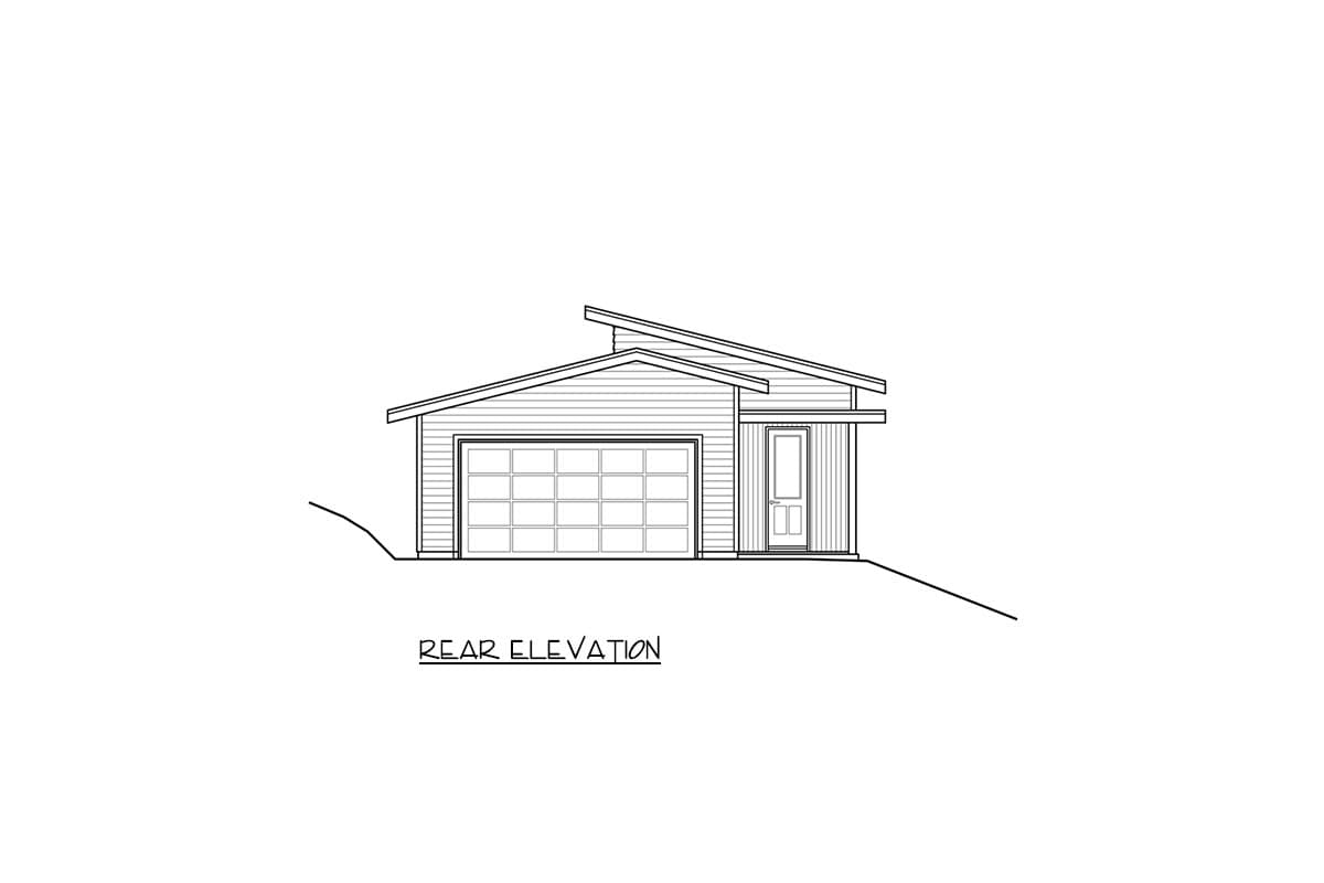 Rear elevation of a house plan featuring a two-car garage, a single door, and a multi-pitched roof.