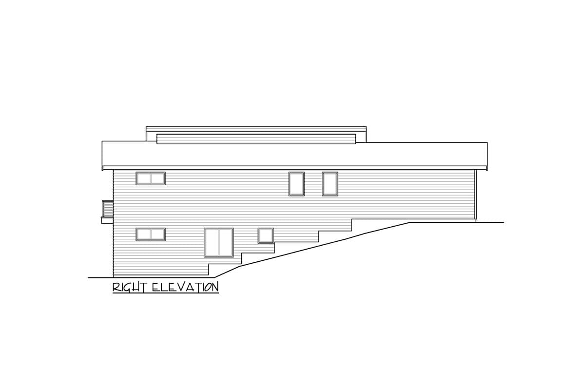 Right elevation of a house plan showing a two-story structure with horizontal siding, multiple windows, and a split-level foundation.