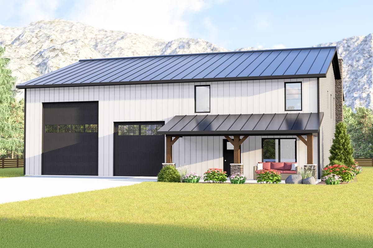 Modern Farmhouse house plan exterior with white vertical siding, dark metal roof, two-car garage, and covered front porch.