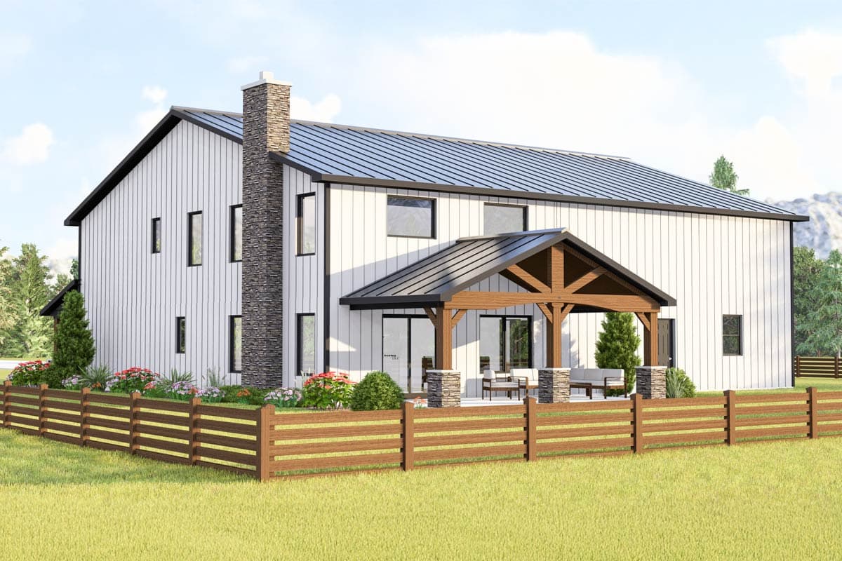 Plan 135077GRA: Barndo-style with 2-Story Living/Dining Room and a Pocket Home Office Upstairs - Image #8 - Barndominium, Country, Traditional