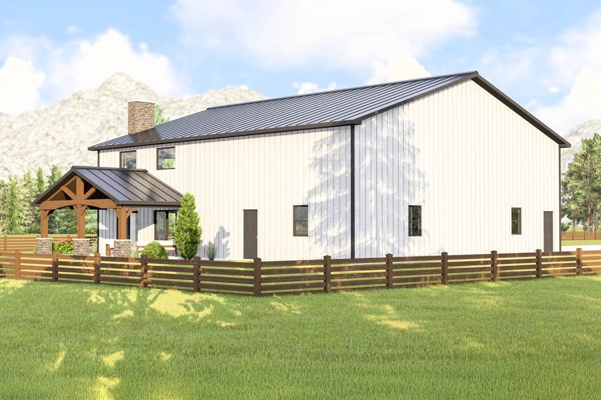 Plan 135077GRA: Barndo-style with 2-Story Living/Dining Room and a Pocket Home Office Upstairs - Image #7 - Barndominium, Country, Traditional