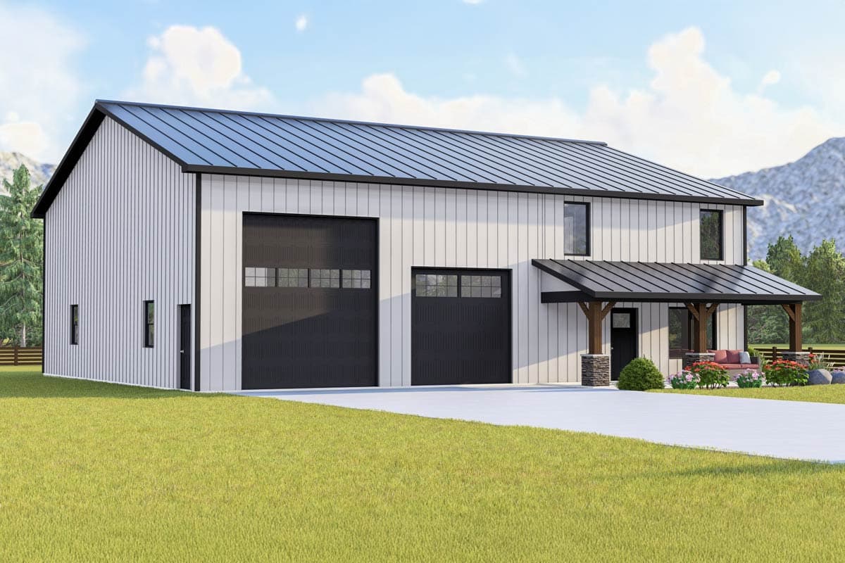 House plan exterior of a two-story modern farmhouse with vertical siding, metal roof, two garage doors, and a covered porch with stone accents.