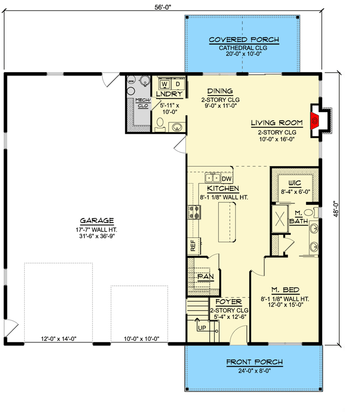Plan 135077GRA: Barndo-style with 2-Story Living/Dining Room and a Pocket Home Office Upstairs - Floor Plan - Main Level - Barndominium, Country, Traditional
