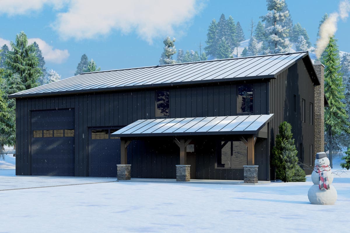 House plan exterior with two stories, a metal roof, front porch with stone pillars, and a garage.