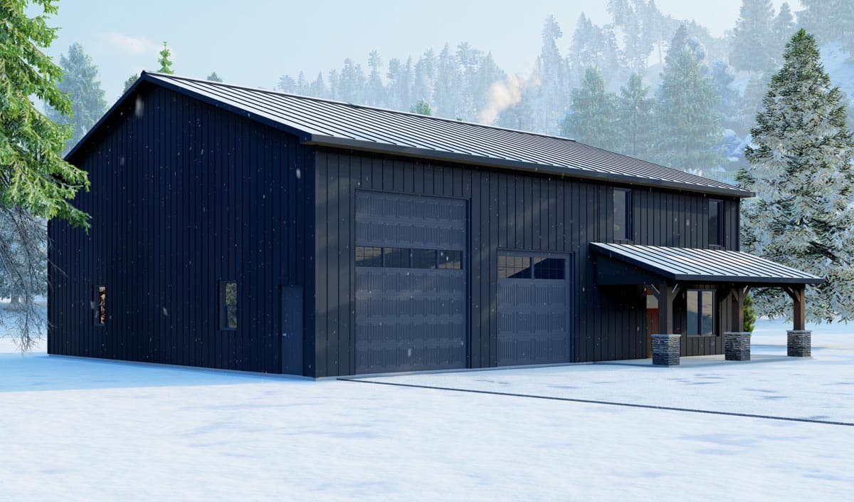 House plan exterior with dark vertical siding, metal roof, two garage doors, and a covered entry with stone pillars.