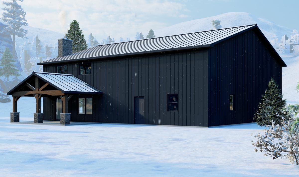 Modern house plan exterior with dark vertical siding, metal roof, stone chimney, and large timber-frame covered porch.