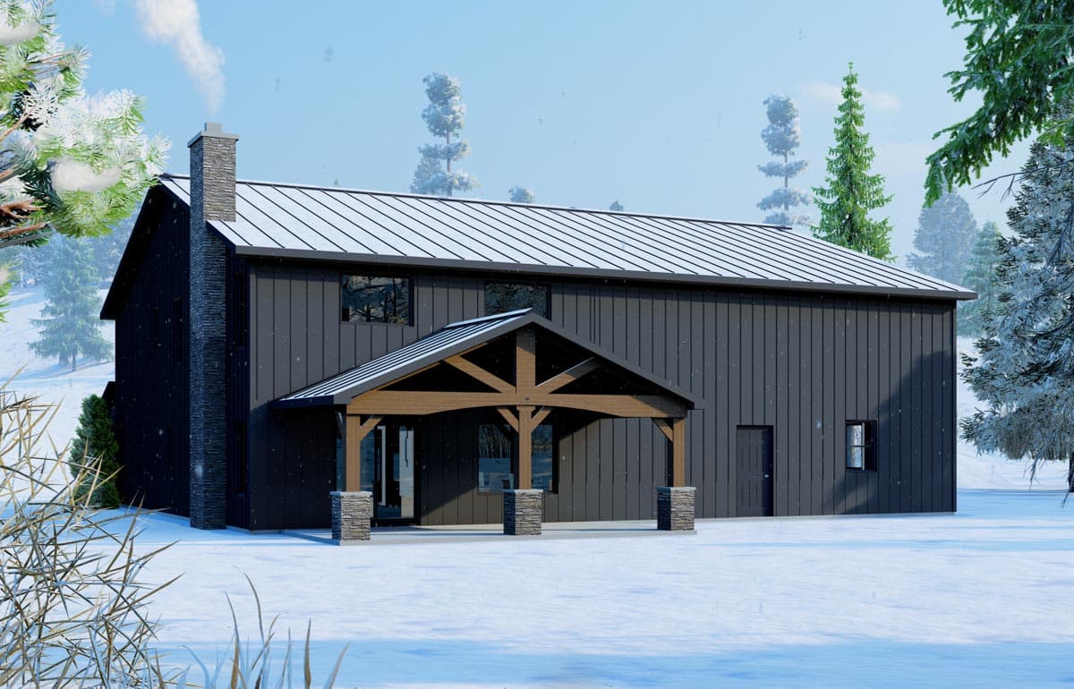 Modern farmhouse house plan exterior with dark vertical siding, metal roof, stone chimney, and covered entry with timber frame.