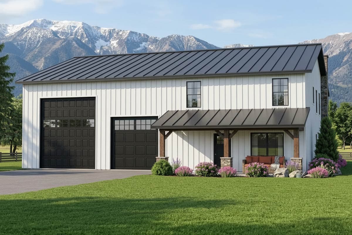 House plan exterior with two stories, a metal roof, front porch with stone pillars, and a garage.