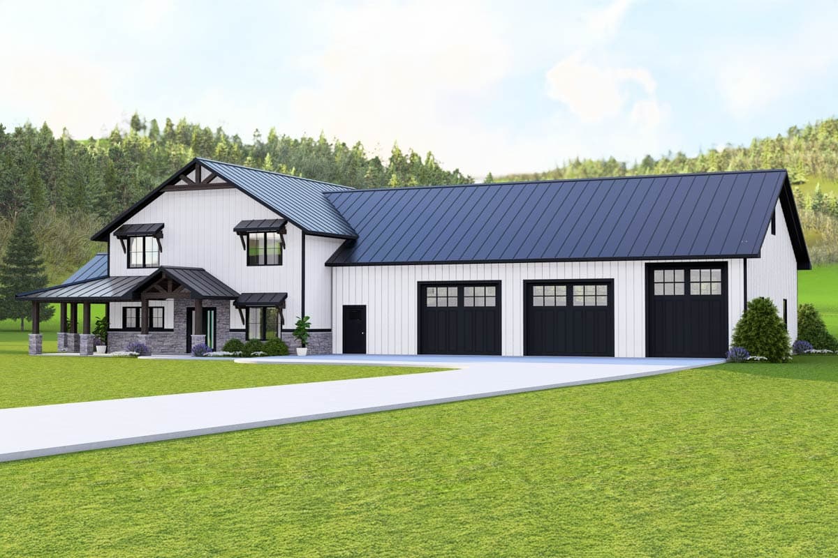 Modern Farmhouse house plan exterior with a two-story main house and attached three-car garage, featuring a metal roof and covered porch.