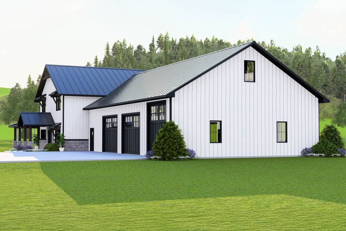 Modern Farmhouse house plan exterior with white board-and-batten siding, dark metal roof, three garage doors, and a covered porch.