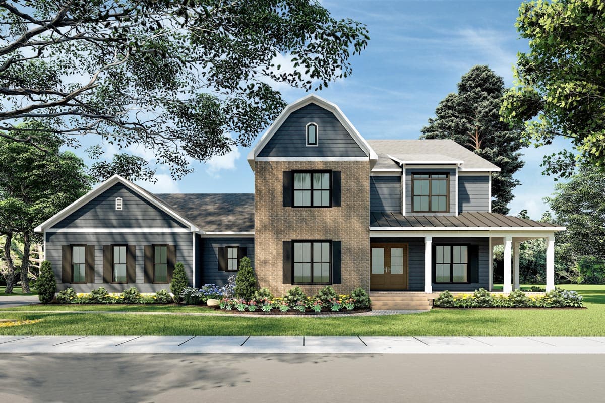 House plan exterior with two stories, a front porch, multiple gables, and a brick accent on the front of the house.